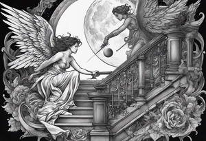 angel fighting a demon w a staircase going up to a moon in the background tattoo idea