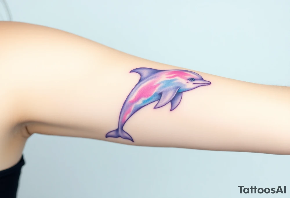 A soft watercolor dolphin in pastel shades of purple and sky-blue, evoking a dreamy, ethereal effect tattoo idea