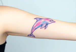 A soft watercolor dolphin in pastel shades of purple and sky-blue, evoking a dreamy, ethereal effect tattoo idea