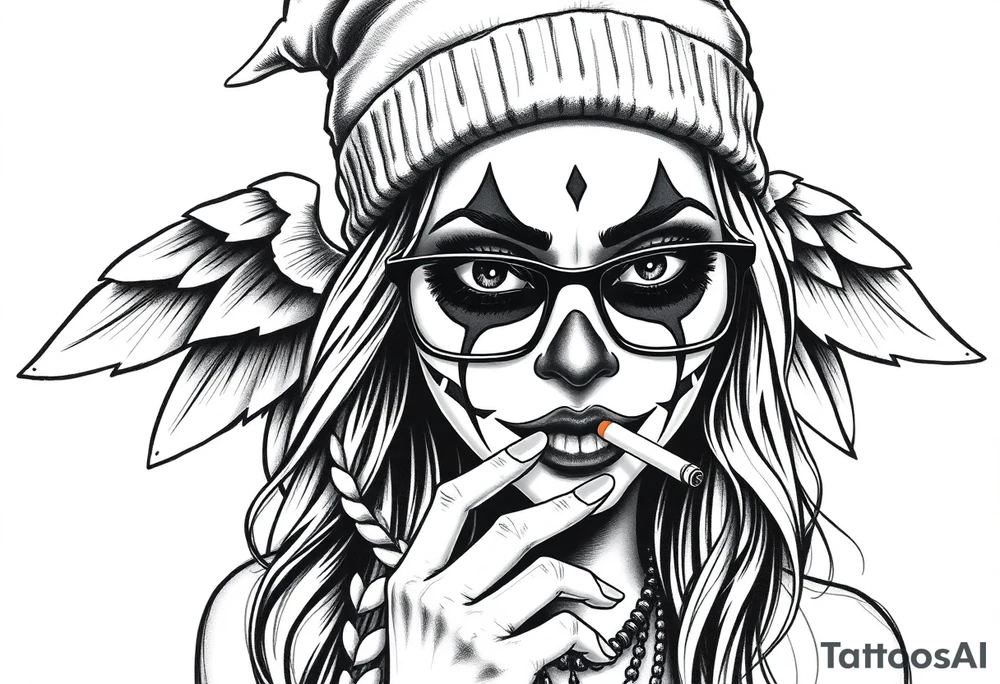 Chicana beautiful long hair clown makeup angel wings thug beanie eyeglasses smoking a cigarette tattoo idea