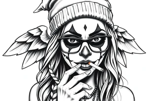 Chicana beautiful long hair clown makeup angel wings thug beanie eyeglasses smoking a cigarette tattoo idea
