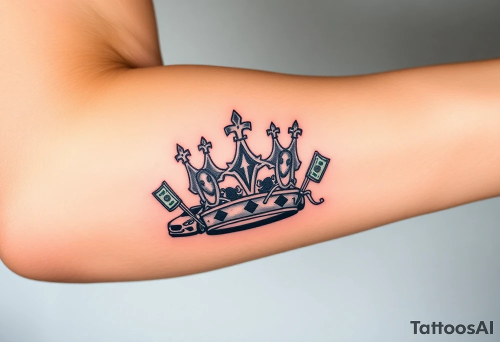 King crown with cars and girls and money tattoo idea