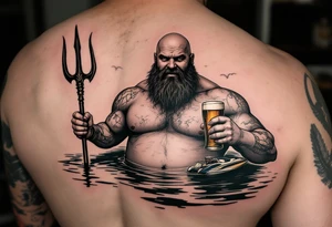 young, happy, fat, balding, poseidon in calm water, holding a trident, drinking a beer, with sunset, with ski boat, with ballet toutou tattoo idea