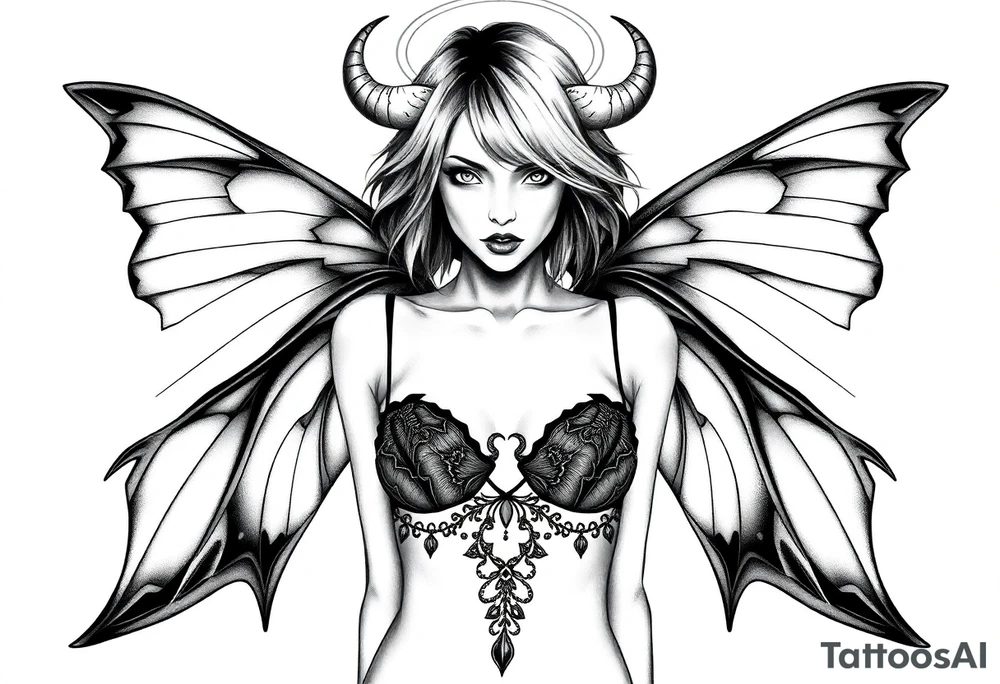 A powerful extremely sexy depiction of a start date with angel wings resembling that of a lunar moth and horns resembling the moths antennas with the son of of her head as if a Halo with two crescent men's off to each side full frontal nude with exotic see through lingerie with a sensual enticing glare short hair length of approximately 8 inches tattoo idea