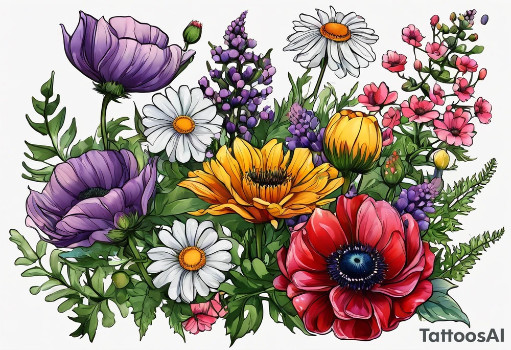 simple wildflowers with thistles, ferns, ranuculus, white anemones, sun flowers, red flowers, pink flowers, purple flowers, buttercups, babys breath, daisies, and greenery all in color tattoo idea