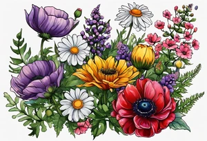 simple wildflowers with thistles, ferns, ranuculus, white anemones, sun flowers, red flowers, pink flowers, purple flowers, buttercups, babys breath, daisies, and greenery all in color tattoo idea
