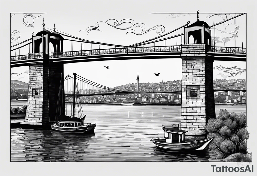 Istanbul bridge and behind them a yellow canary tattoo idea