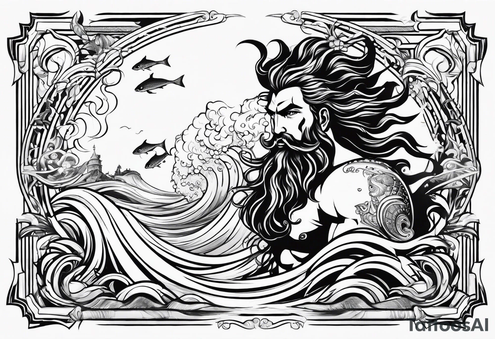 Poseidon with waves and fish tattoo idea