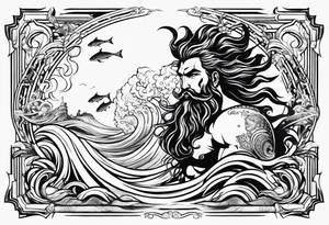 Poseidon with waves and fish tattoo idea