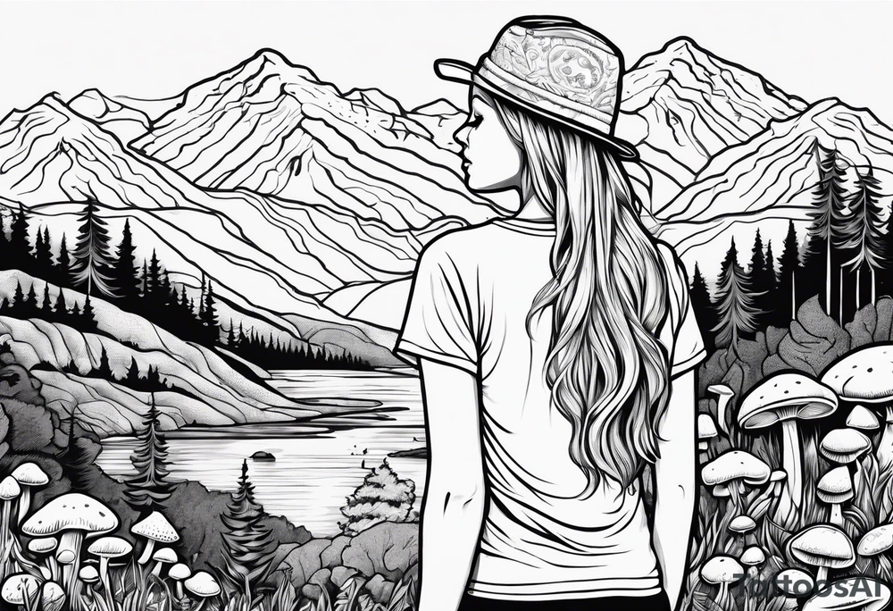 Straight long blonde hair hippie girl in distance holding mushrooms in hand facing away toward mountains and creek surrounded by mushrooms tee shirt and hiking pants tattoo idea