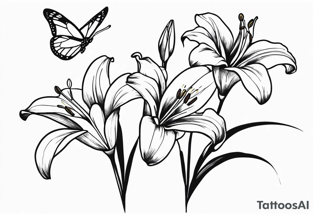 three lily flowers with some butterflies tattoo idea