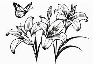 three lily flowers with some butterflies tattoo idea
