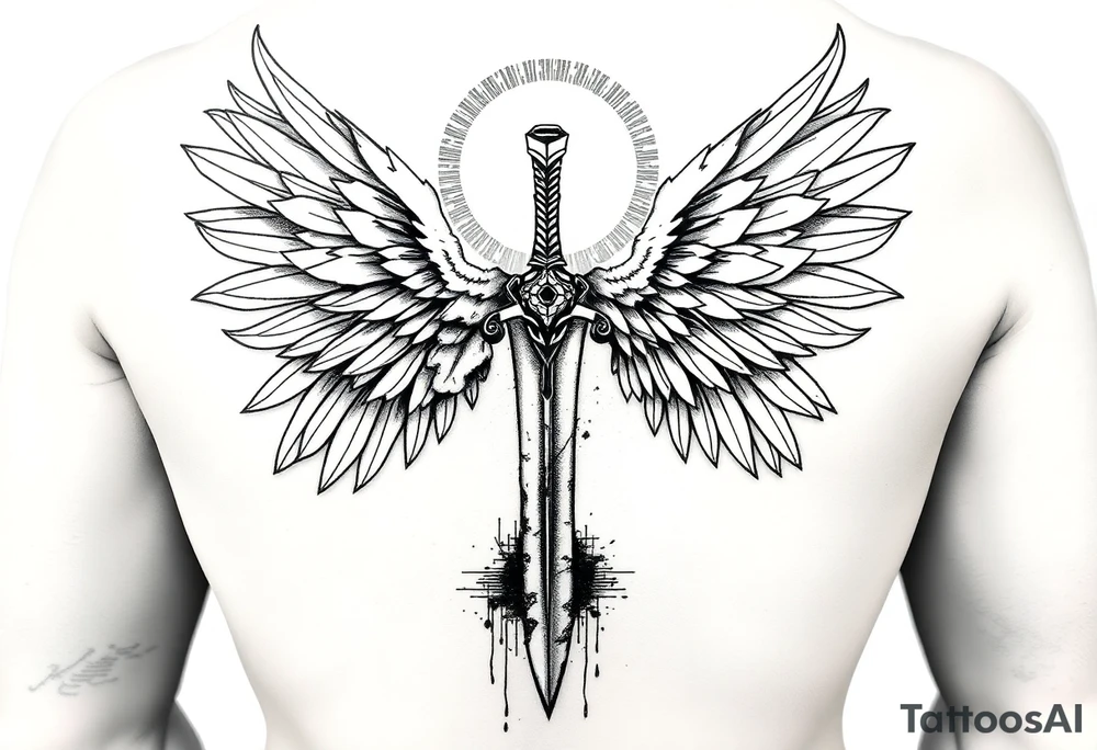 A Cybernetic Angel with a Rusted Blade
A half-robotic angel with wings of broken solar panels instead of feathers.
A rusted corporate sword, dripping data like blood.
Halo glitching between a circle and static distortion. tattoo idea