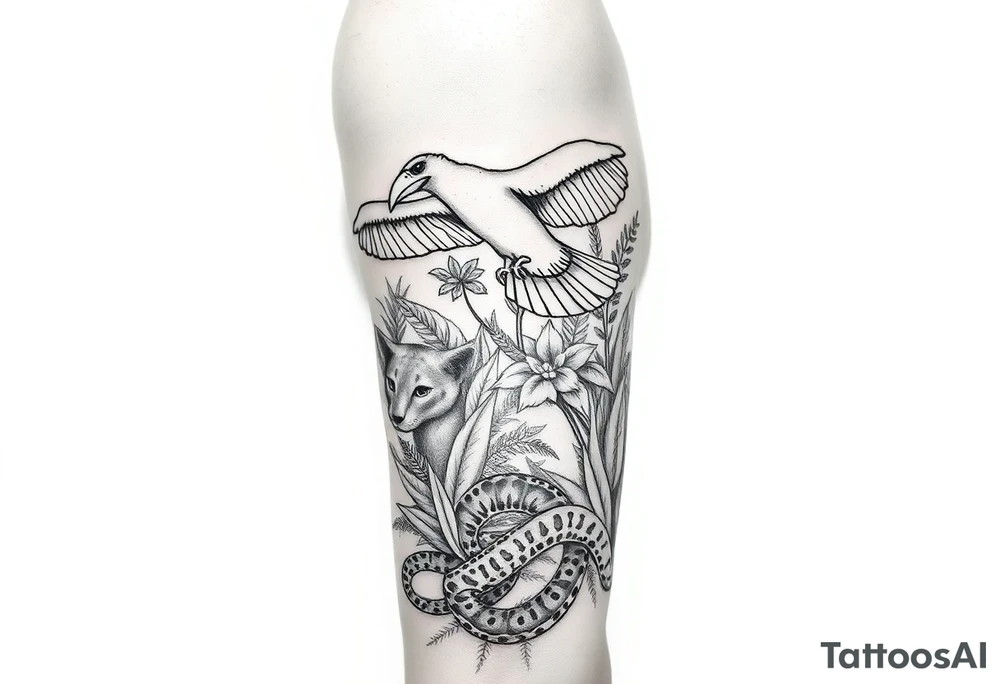 Fine line tattoo from shoulder to elbow: Andean condor flying above Amazon rainforest, amongst the tropical foliage is a puma hiding with only its face exposed, towards the floor of the rainforest is a snake, also mostly hidden behind plants but its head and parts of its body are exposed. tattoo idea
