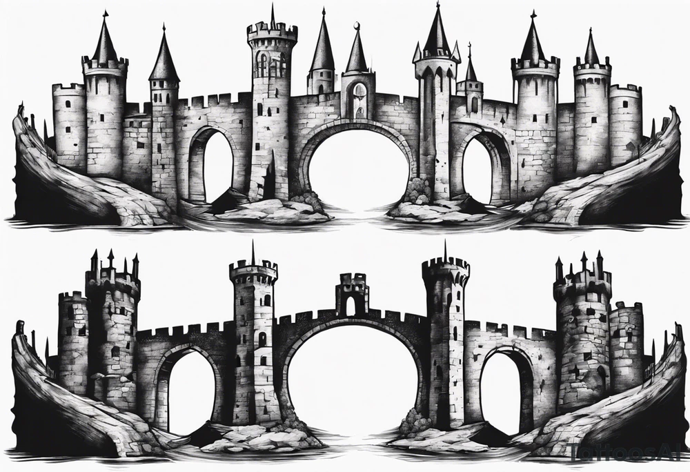 a short, completely horizontal bridge linking the top of two medieval towers together tattoo idea