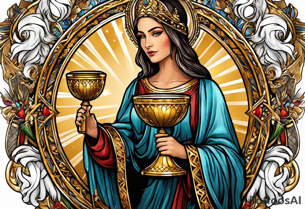 woman saint holding chalice surrounded by golden halo tattoo idea