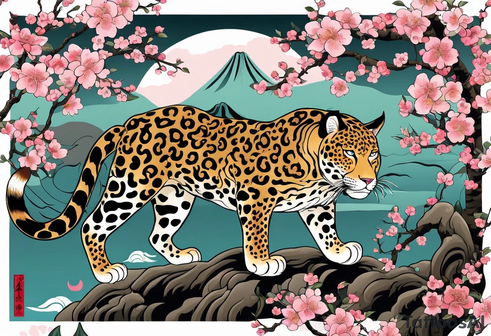 An irezumi style big cat, which looks like the traditional japanese drawing of a big cat. With the colour and pattern of a jaguar on the body of the big cat. It should be climbing upwards, with the head looking to the right. The background is a stylised cherry blossom tree with multiple shades of pink for the blossoms. The colours of the background are not dark, so that the jaguar stands out against the background. tattoo idea