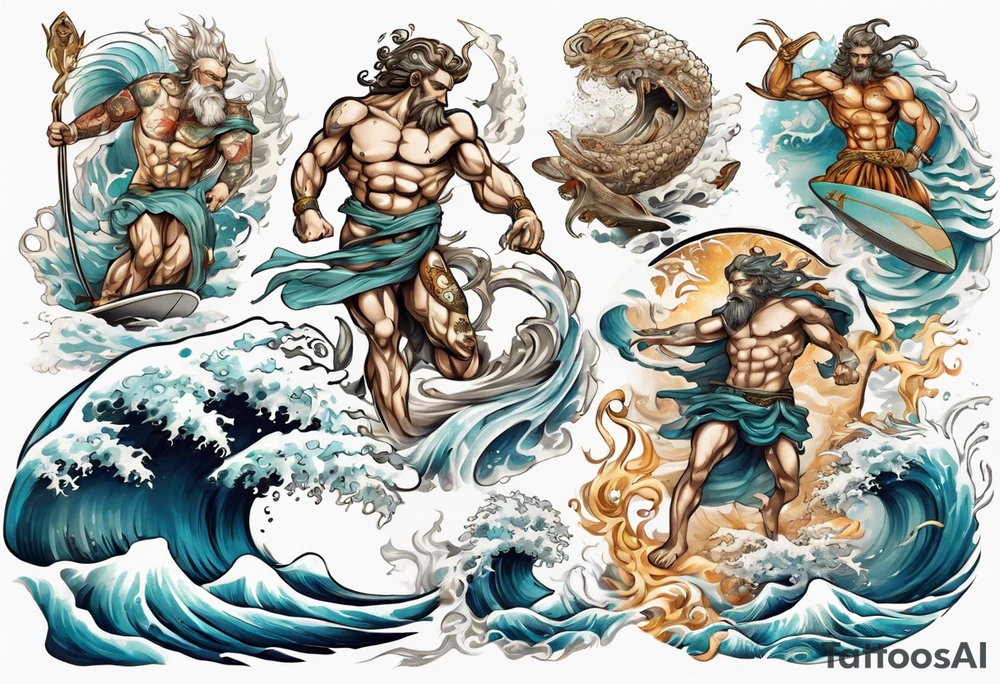 Ancient Greek gods of the sea fighting with surfer tattoo idea