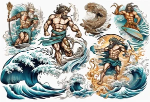 Ancient Greek gods of the sea fighting with surfer tattoo idea