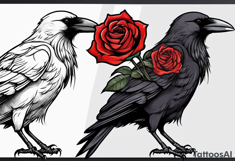 Crow standing holding a red rose tattoo idea