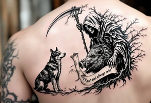 Grim reaper looking down on a hunting dog and big feral boar while holding a scythe and scroll. The scroll has the words “You dont always win” written on it tattoo idea