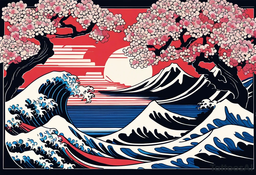 Hokusai great wave, inside two black lines, with some cherry trees. Tattoo for a man' s wrist tattoo idea