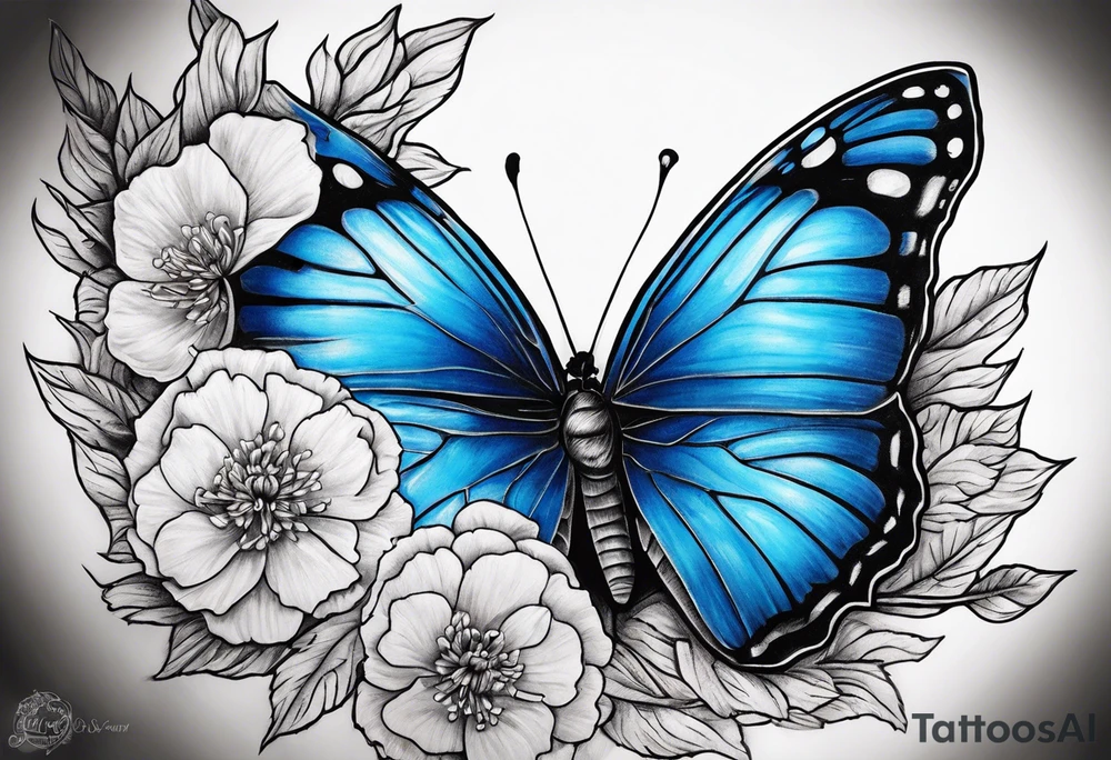 Blue butterfly moon carnation tattoo idea