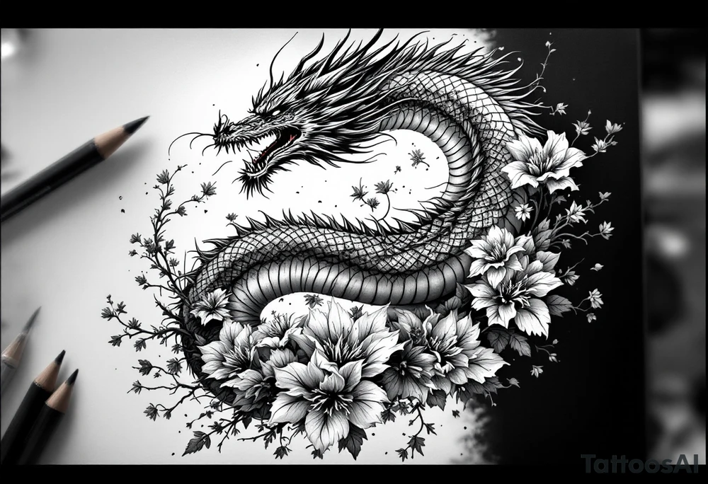 dragon with dead flowers surrounding, going from top to bottom tattoo idea