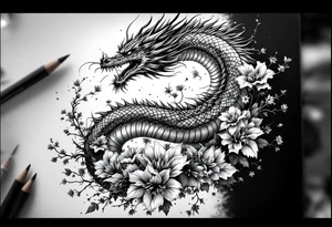 dragon with dead flowers surrounding, going from top to bottom tattoo idea