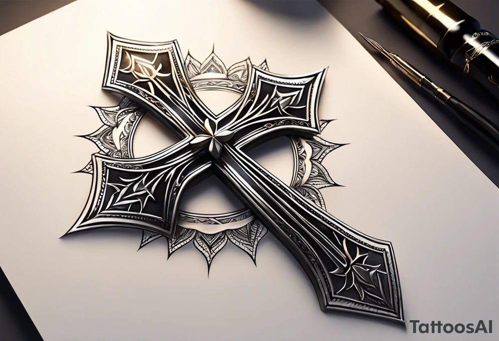 Tattoo: A refined cross with a soft halo on top of it, symbolizing light and spirituality. Delicate rays extend outward from the halo, adding a subtle glow and depth. The cross itself is simple and elegant, with potential for small, intricate line details within the design. tattoo idea