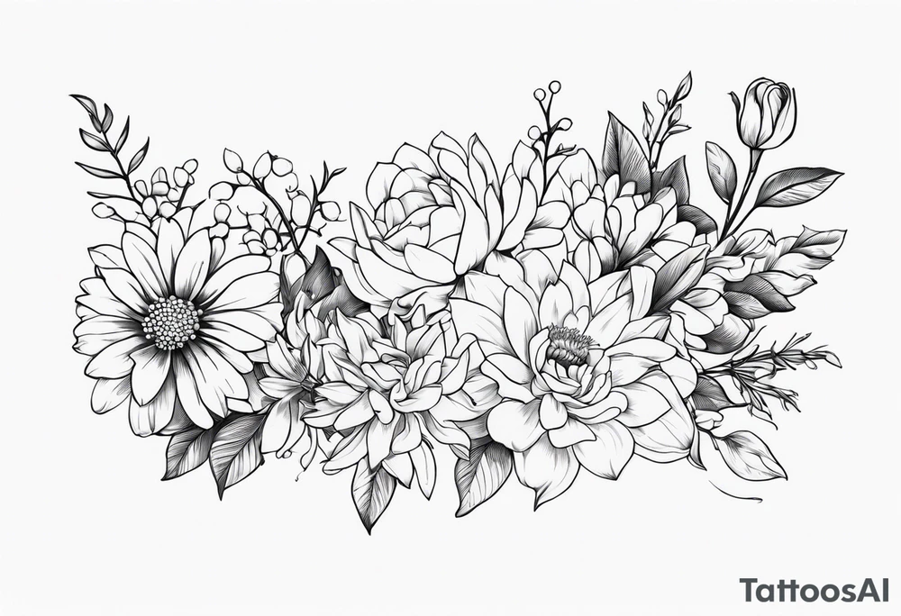 Asters, roses, lily of the valley, and chrysanthemums in a long line tattoo idea