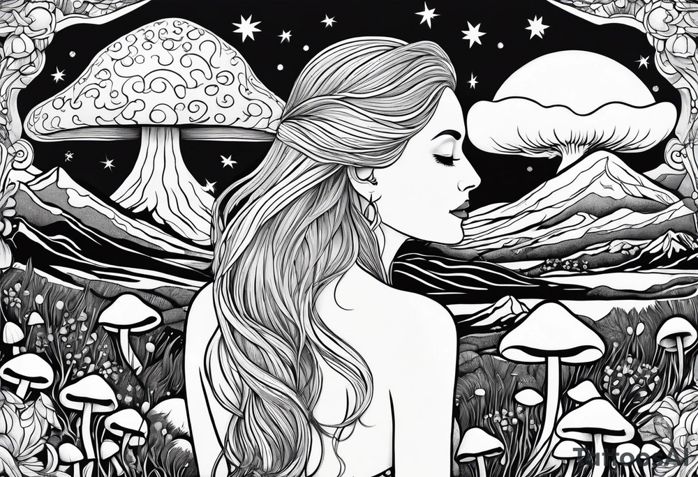 Blonde long straight hair older woman no makeup surrounded by mushrooms facing mountains crescent moon background tattoo idea
