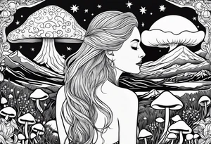 Blonde long straight hair older woman no makeup surrounded by mushrooms facing mountains crescent moon background tattoo idea