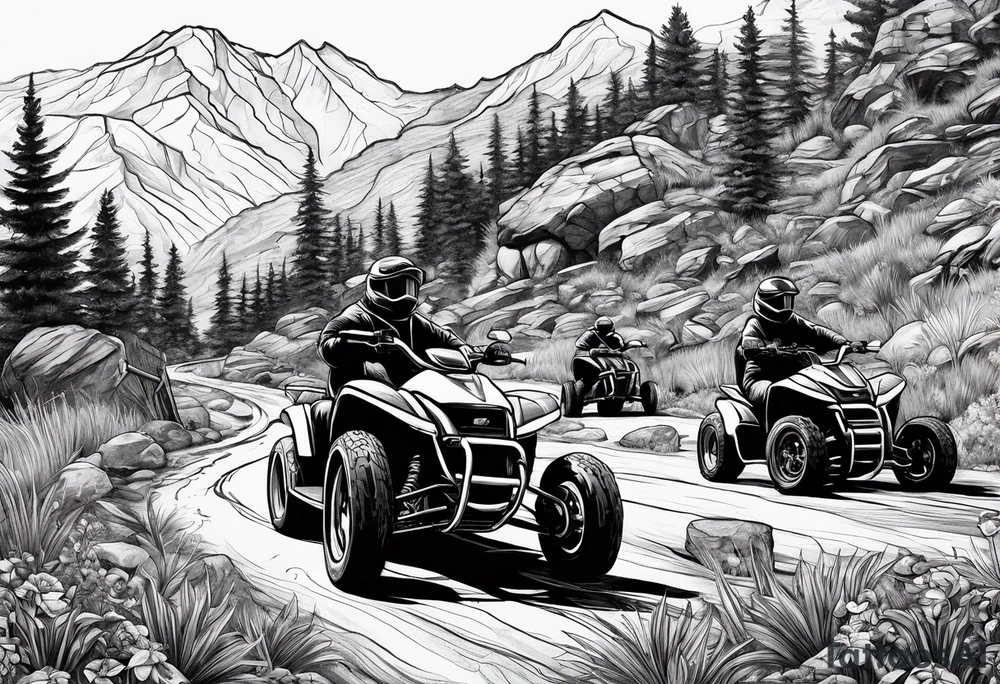 Wasatch Mountain scape with a Honda ATC three wheeler and four turtles watching from the path tattoo idea