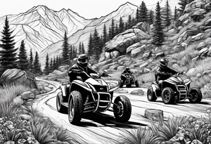 Wasatch Mountain scape with a Honda ATC three wheeler and four turtles watching from the path tattoo idea