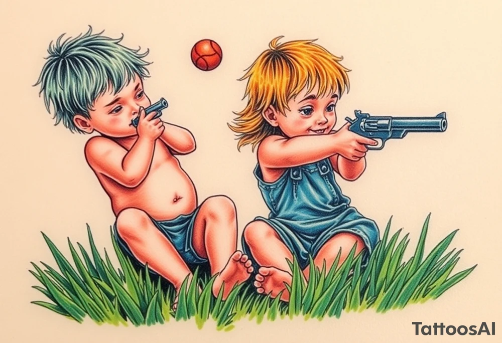 Due bambini, in stile realistico, colorato, seduti sull'erba, divisi da un muro di mattoni, uno piange mentre gioca tirando in alto una palla, l'altro ride mentre si spara in bocca con una pistola tattoo idea