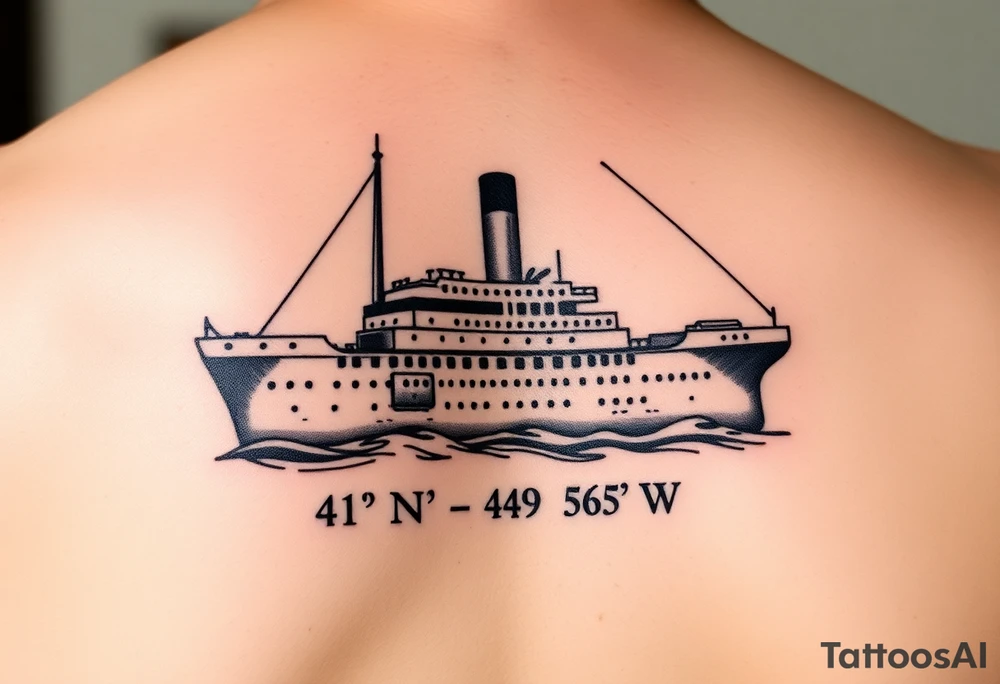 Ship image of Titanic with coordinates 41 43' 57" N 49 56' 49" W around the ship tattoo idea