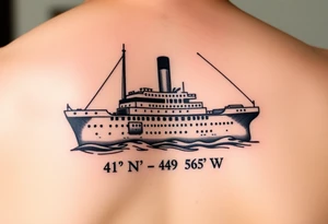 Ship image of Titanic with coordinates 41 43' 57" N 49 56' 49" W around the ship tattoo idea