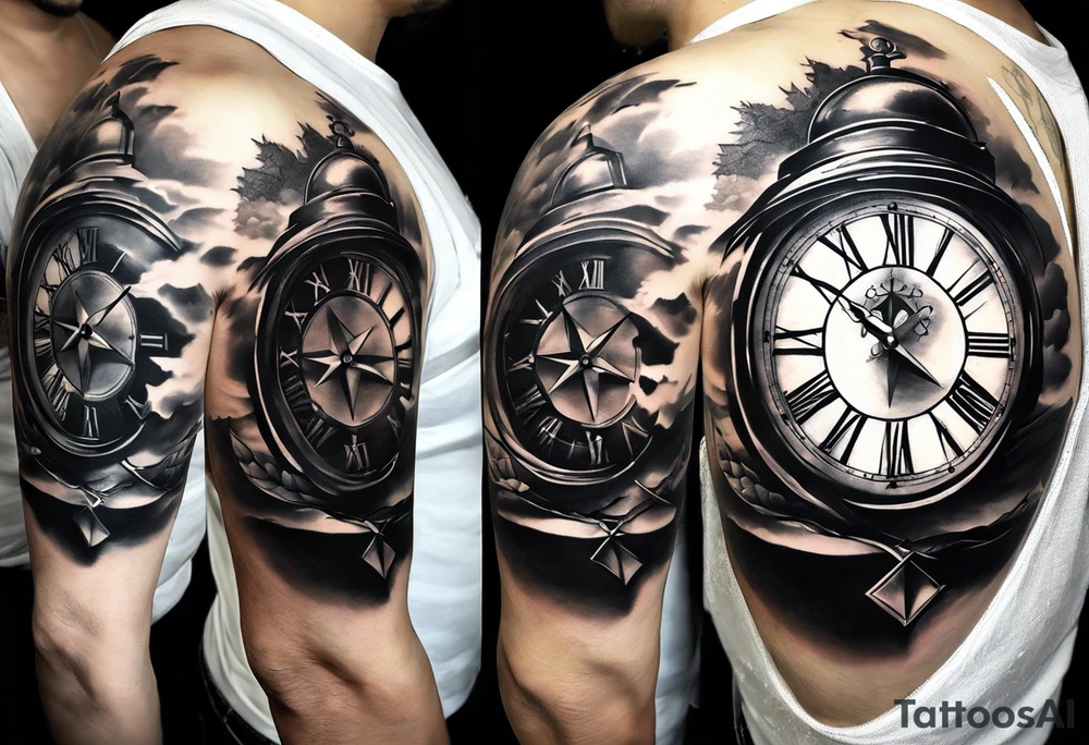 draw me a tattoo with an old clock and a compass rose. shadows of roman numerals are in the background. it is a tattoo located on the left shoulder of a man. it is black and white. tattoo idea