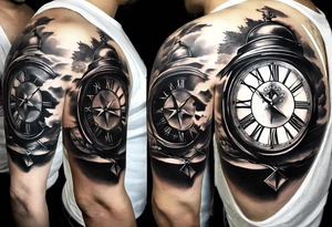 draw me a tattoo with an old clock and a compass rose. shadows of roman numerals are in the background. it is a tattoo located on the left shoulder of a man. it is black and white. tattoo idea