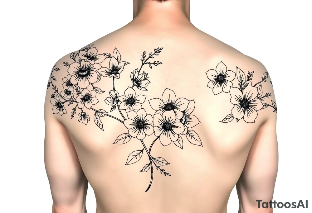Full sleeve tattoo design of larkspur and hawthorn flowers, highly detailed line art, black ink, elegant botanical style, intertwined composition, no shading, no human mock-up, clean stencil style suitable for tattooing, fit fully within boundaries. LINE ART ONLY, REMOVE HUMAN, NO SKIN tattoo idea