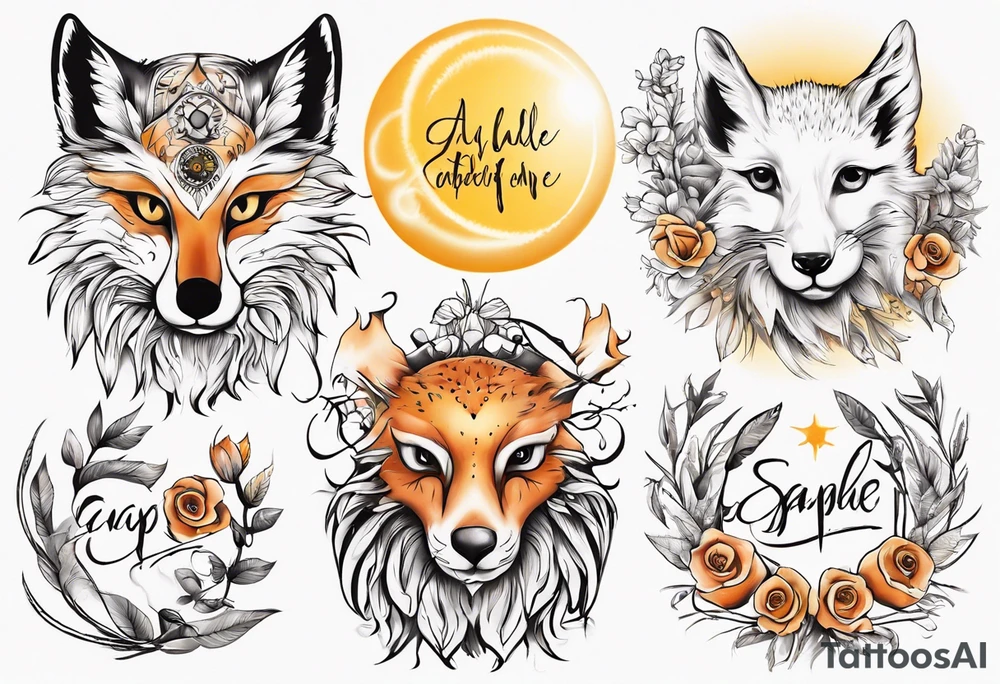 Fuchs und Eule unter der Sonne mit dem Schriftzug Sapere Aude tattoo idea