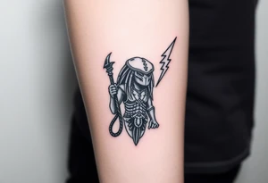 Predator with staff pointing towards sky with lighting bolt tattoo idea