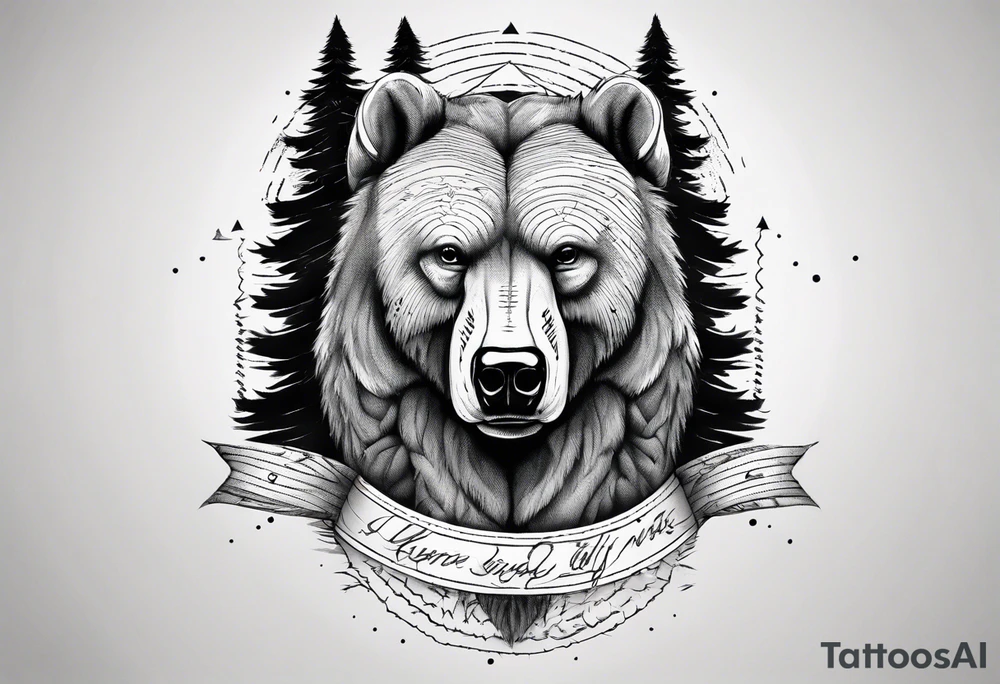 Standing bear fine line with armband.  Pine trees with script.  Add a eye with dot work lines coming out from the eye. tattoo idea