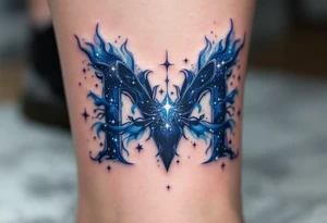 A cosmic-themed "M" in deep indigo with specks of starlight white. tattoo idea