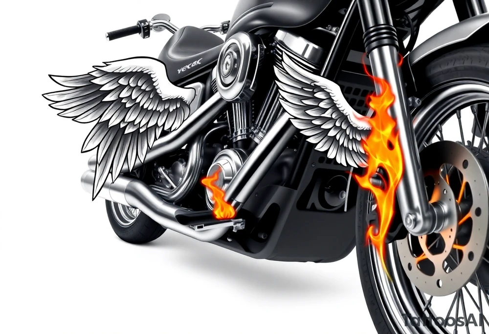 Low rider grey motorcycle, big muffler pipes with flames, angel wings tattoo idea