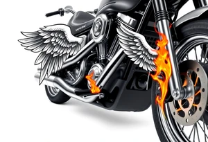 Low rider grey motorcycle, big muffler pipes with flames, angel wings tattoo idea