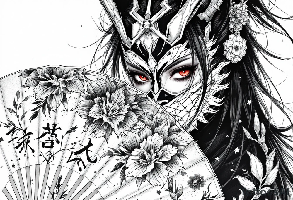 Woman samurai with red eyes wearing an half and broken kitsune mask, holding a japanese fan with Iris flowers tattoo idea