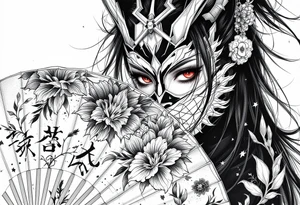 Woman samurai with red eyes wearing an half and broken kitsune mask, holding a japanese fan with Iris flowers tattoo idea