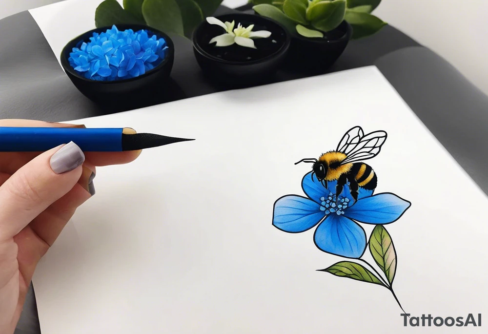 Small minimalist tattoo for forearm of a blue Hydrangea and a very small bee. tattoo idea